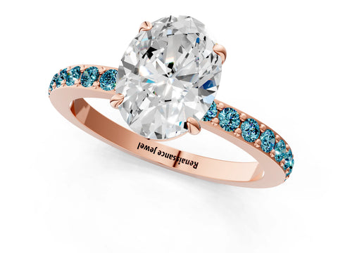 Rose gold Oval Cut Diamond Pavé Engagement Ring with Round with Blue Topaz side stone Accents and Prong Setting_1