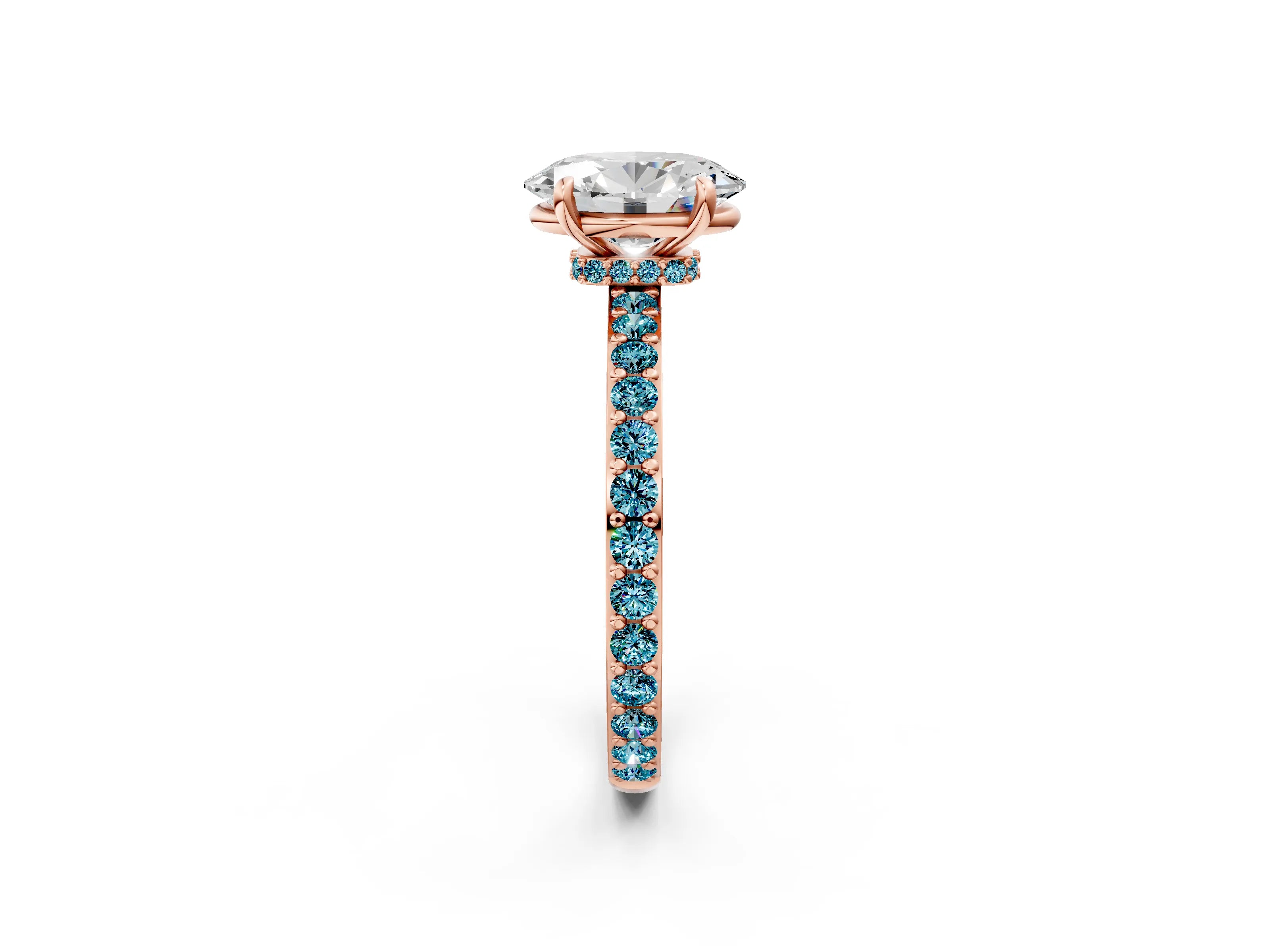 Rose gold Oval Cut Diamond Pavé Engagement Ring with Round with Blue Topaz side stone Accents and Prong Setting_2