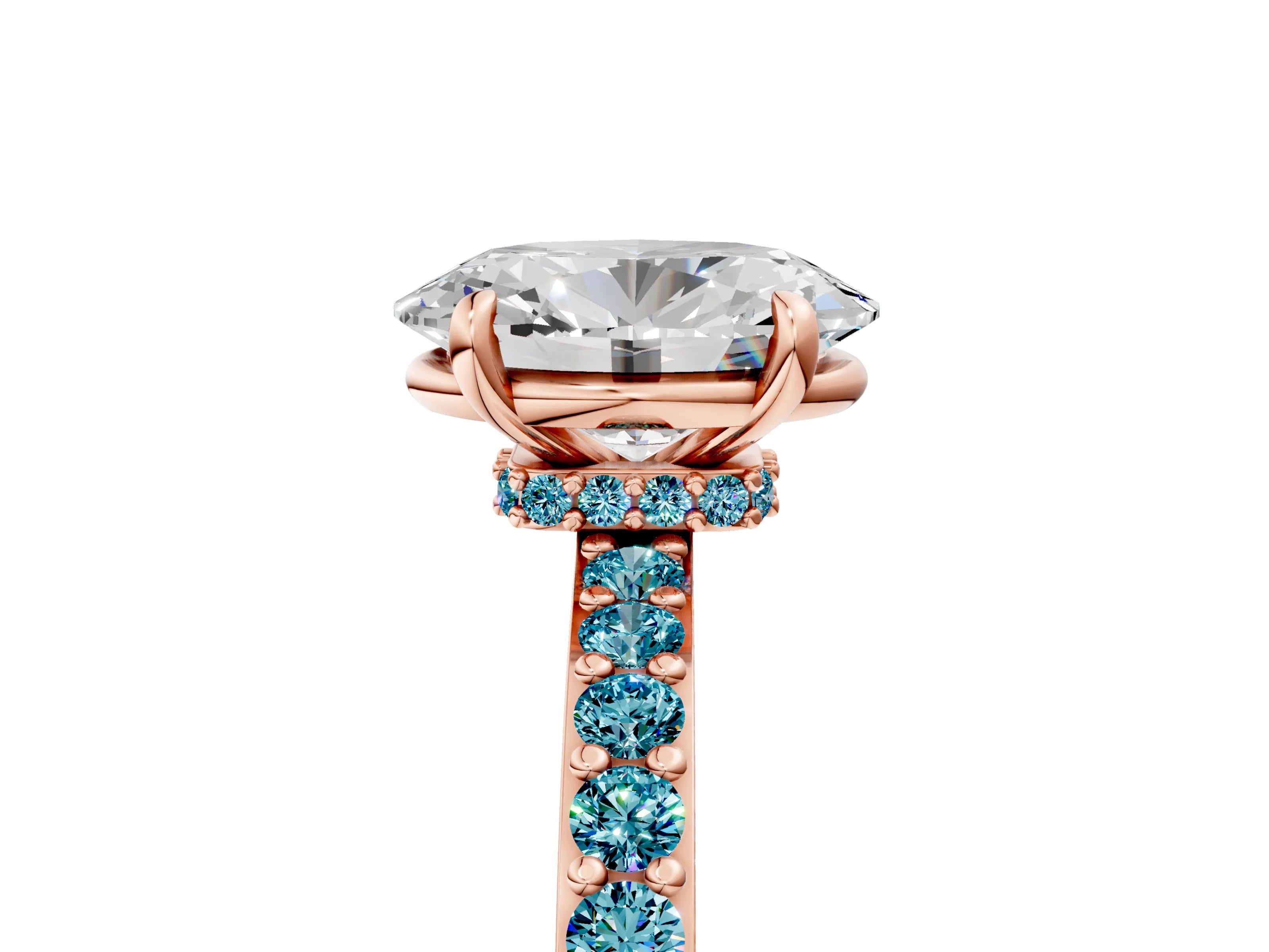 Rose gold Oval Cut Diamond Pavé Engagement Ring with Round with Blue Topaz side stone Accents and Prong Setting_5