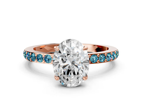 Rose gold Oval Cut Diamond Pavé Engagement Ring with Round with Blue Topaz side stone Accents and Prong Setting