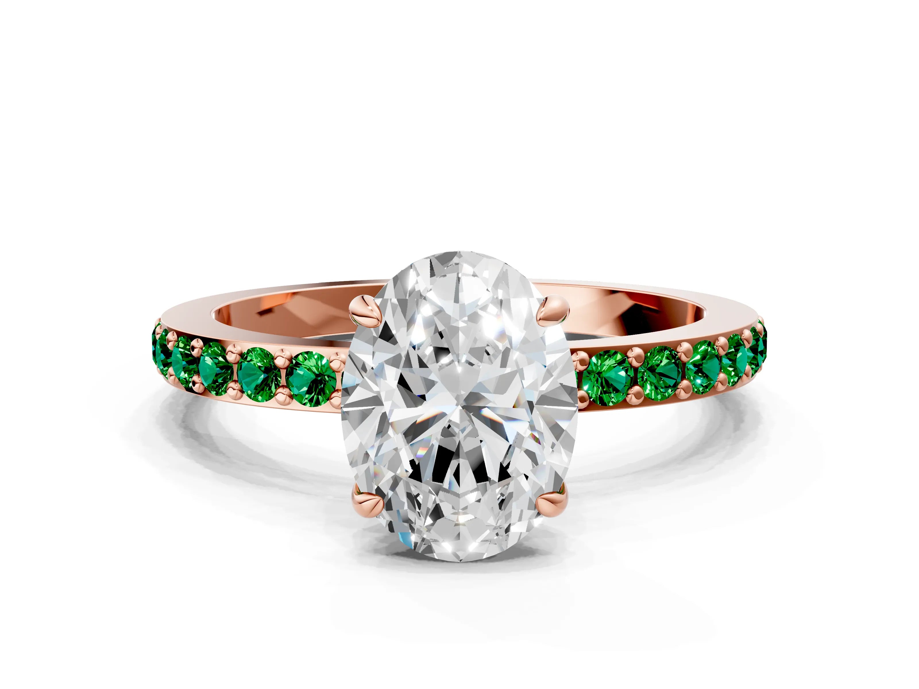 Rose gold Oval Cut Diamond Pavé Engagement Ring with Round with Emerald side stone Accents and Prong Setting