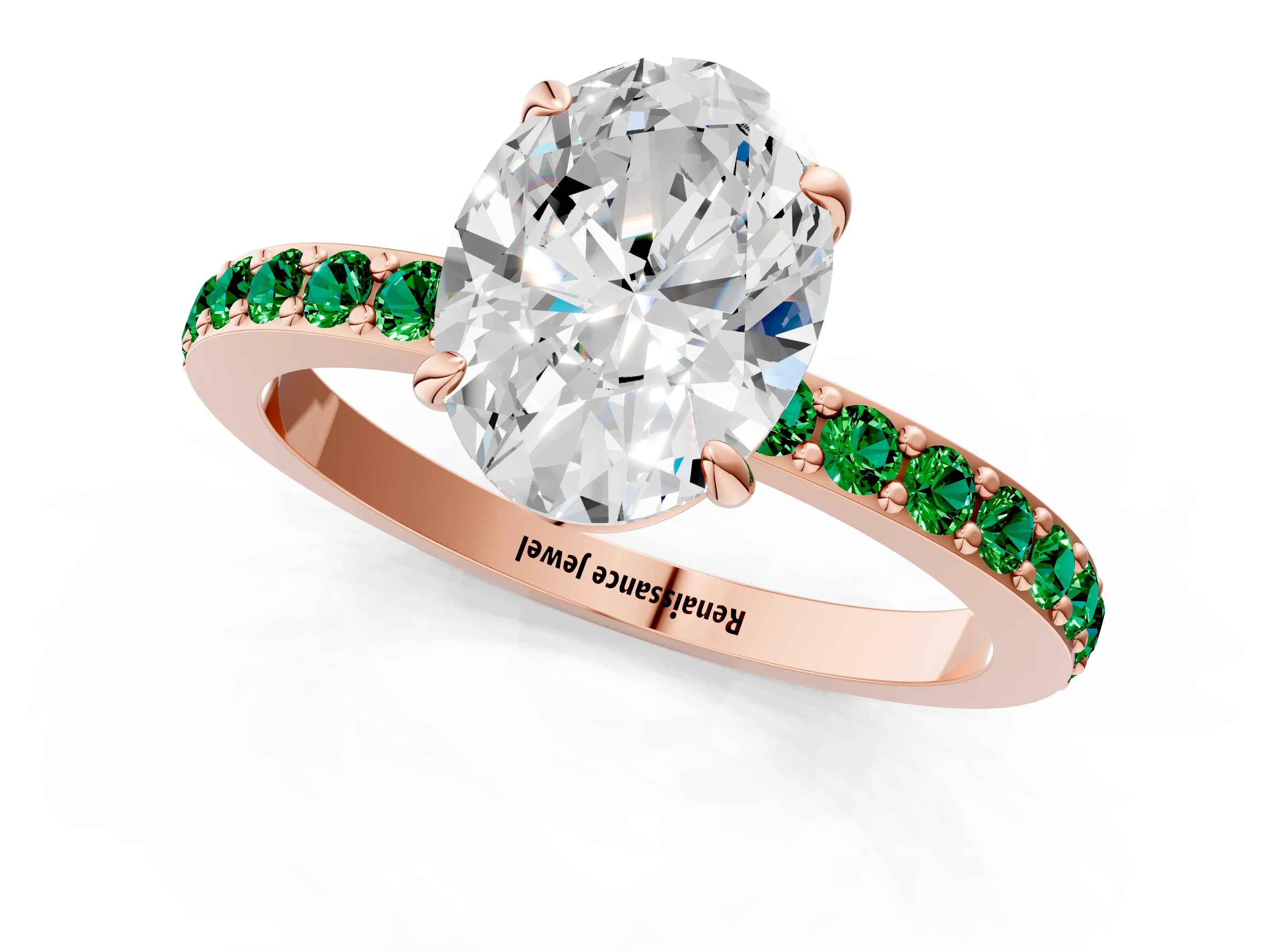 Rose gold Oval Cut Diamond Pavé Engagement Ring with Round with Emerald side stone Accents and Prong Setting_1