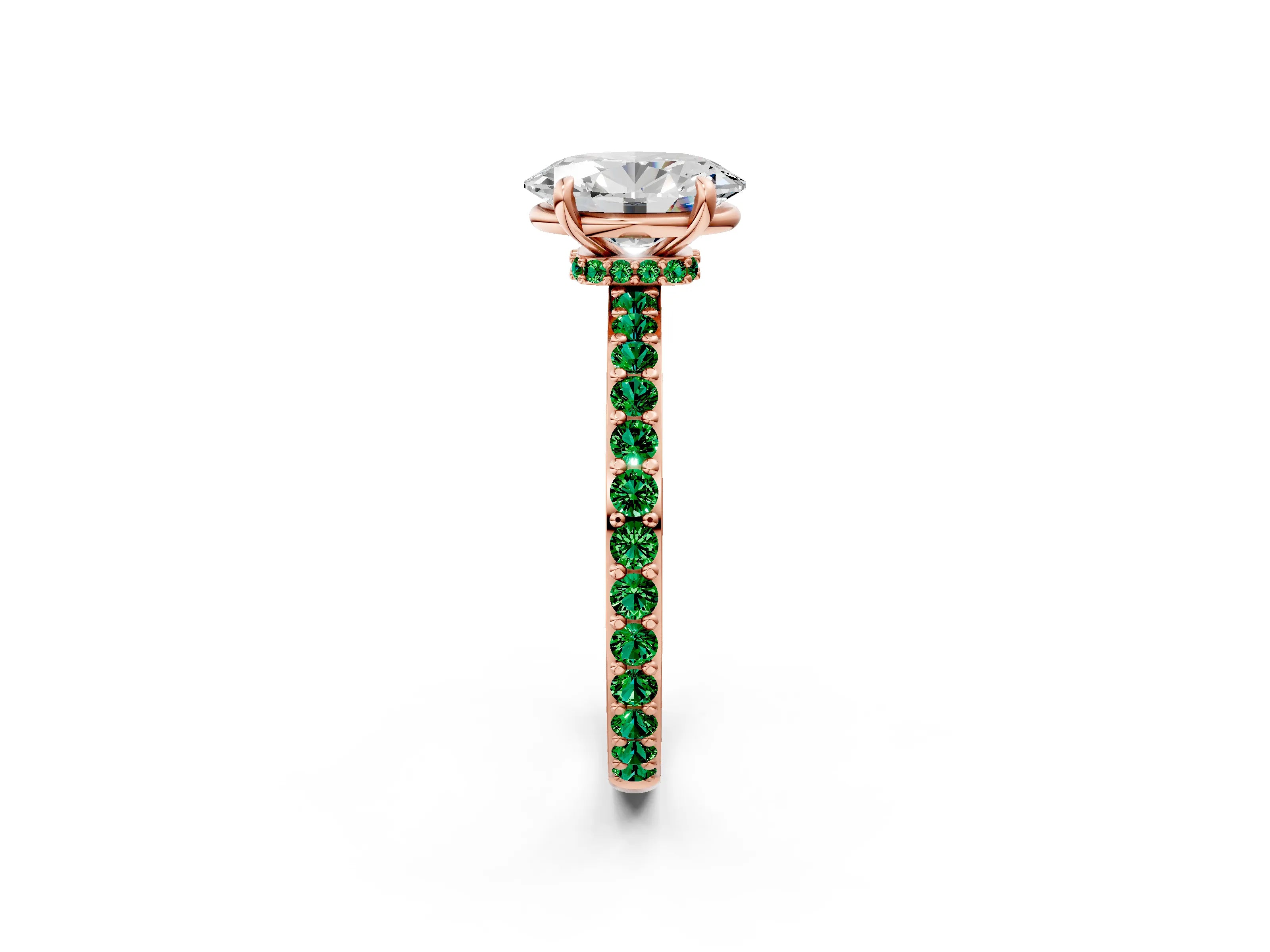 Rose gold Oval Cut Diamond Pavé Engagement Ring with Round with Emerald side stone Accents and Prong Setting_2