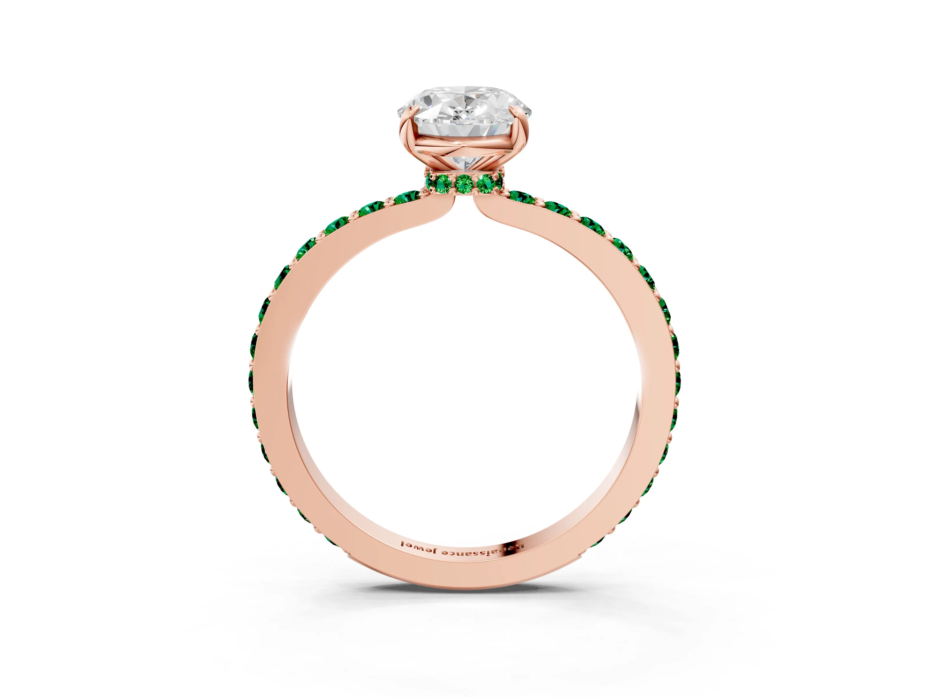 Rose gold Oval Cut Diamond Pavé Engagement Ring with Round with Emerald side stone Accents and Prong Setting_3