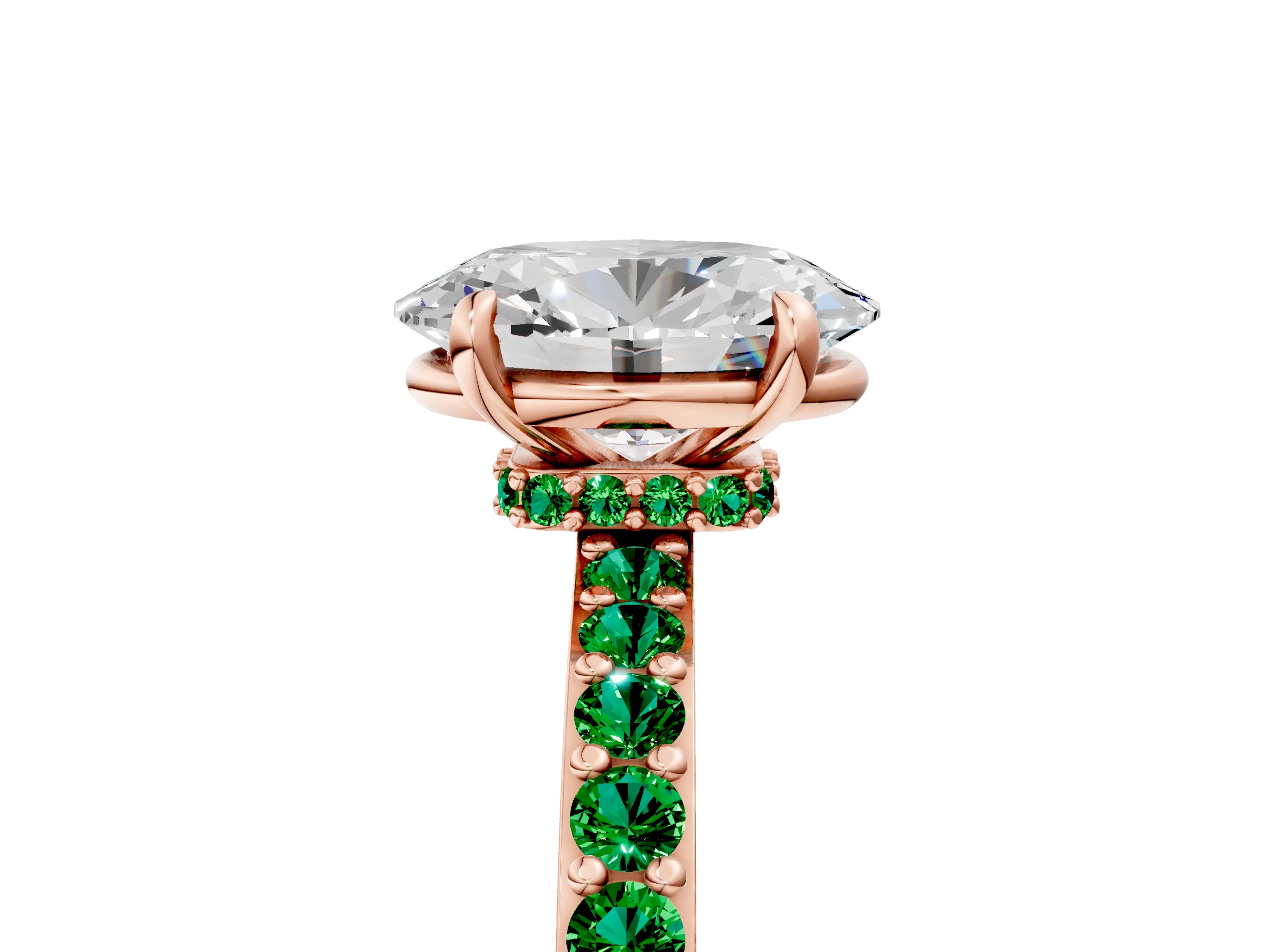 Rose gold Oval Cut Diamond Pavé Engagement Ring with Round with Emerald side stone Accents and Prong Setting_5