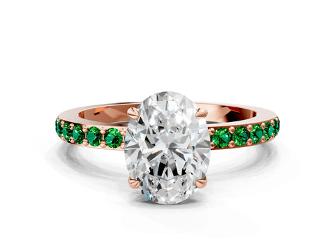 Rose gold Oval Cut Diamond Pavé Engagement Ring with Round with Emerald side stone Accents and Prong Setting