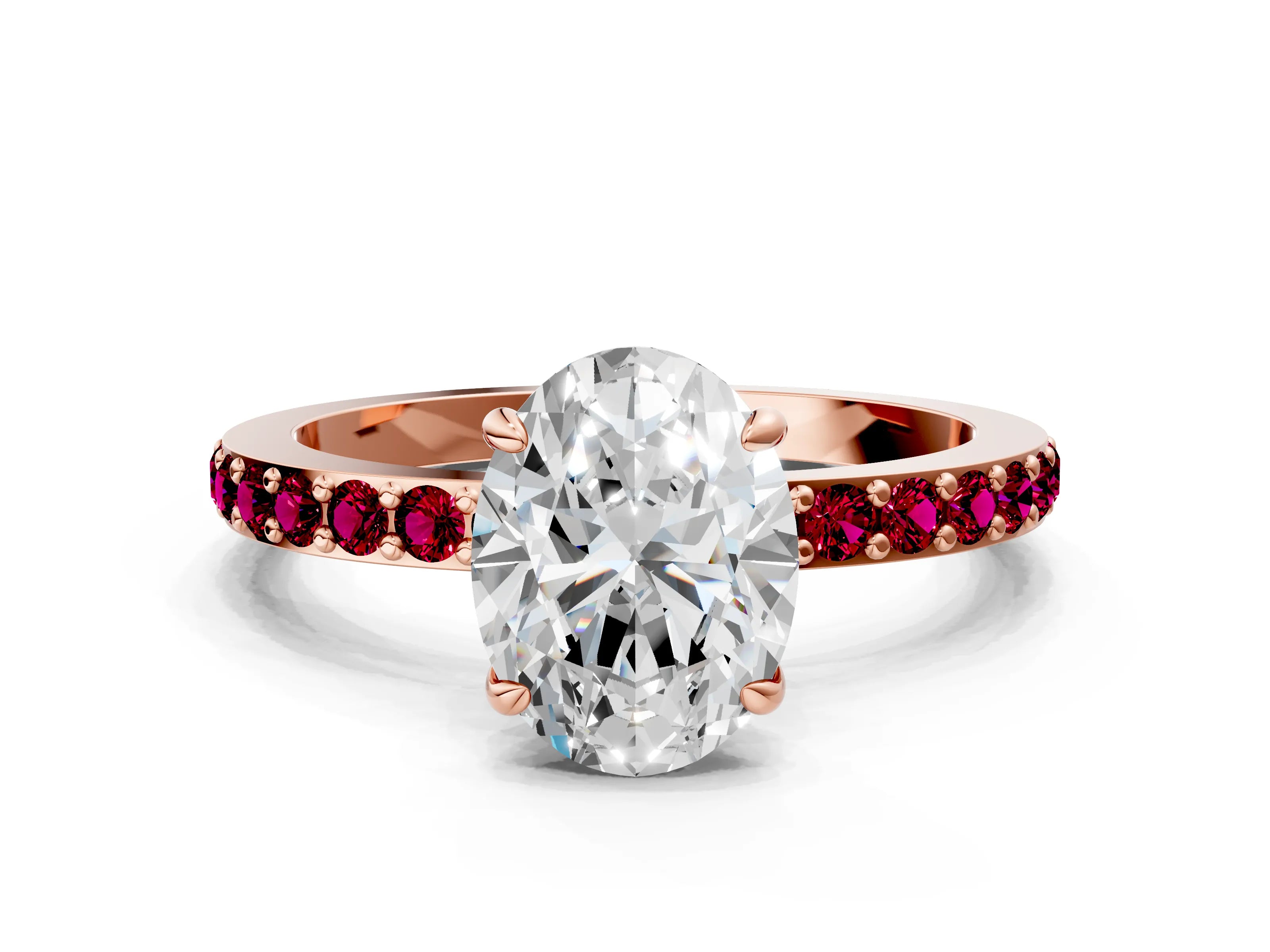 Rose gold Oval Cut Diamond Pavé Engagement Ring with Round with Garnet side stone Accents and Prong Setting