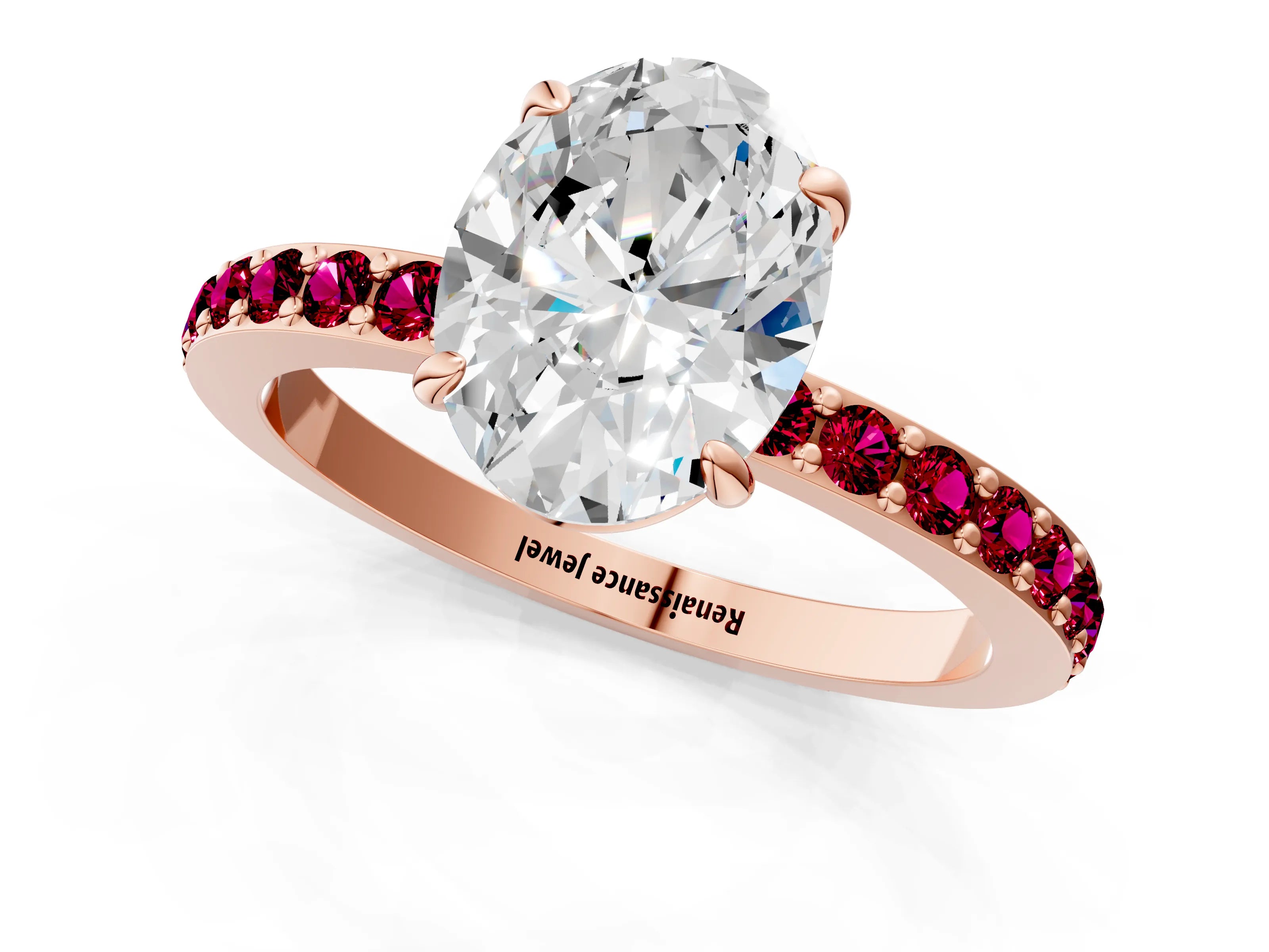 Rose gold Oval Cut Diamond Pavé Engagement Ring with Round with Garnet side stone Accents and Prong Setting_1
