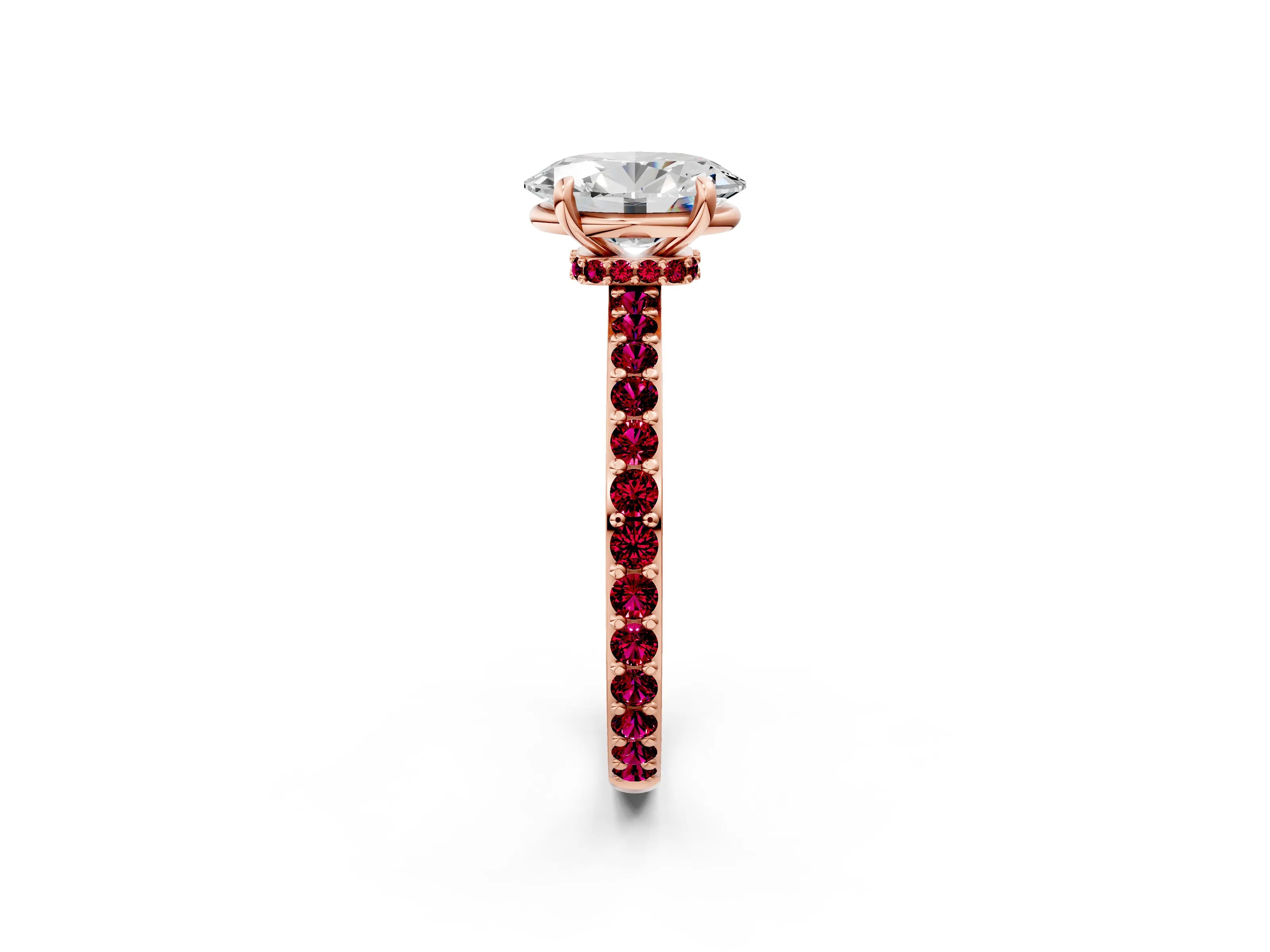Rose gold Oval Cut Diamond Pavé Engagement Ring with Round with Garnet side stone Accents and Prong Setting_2