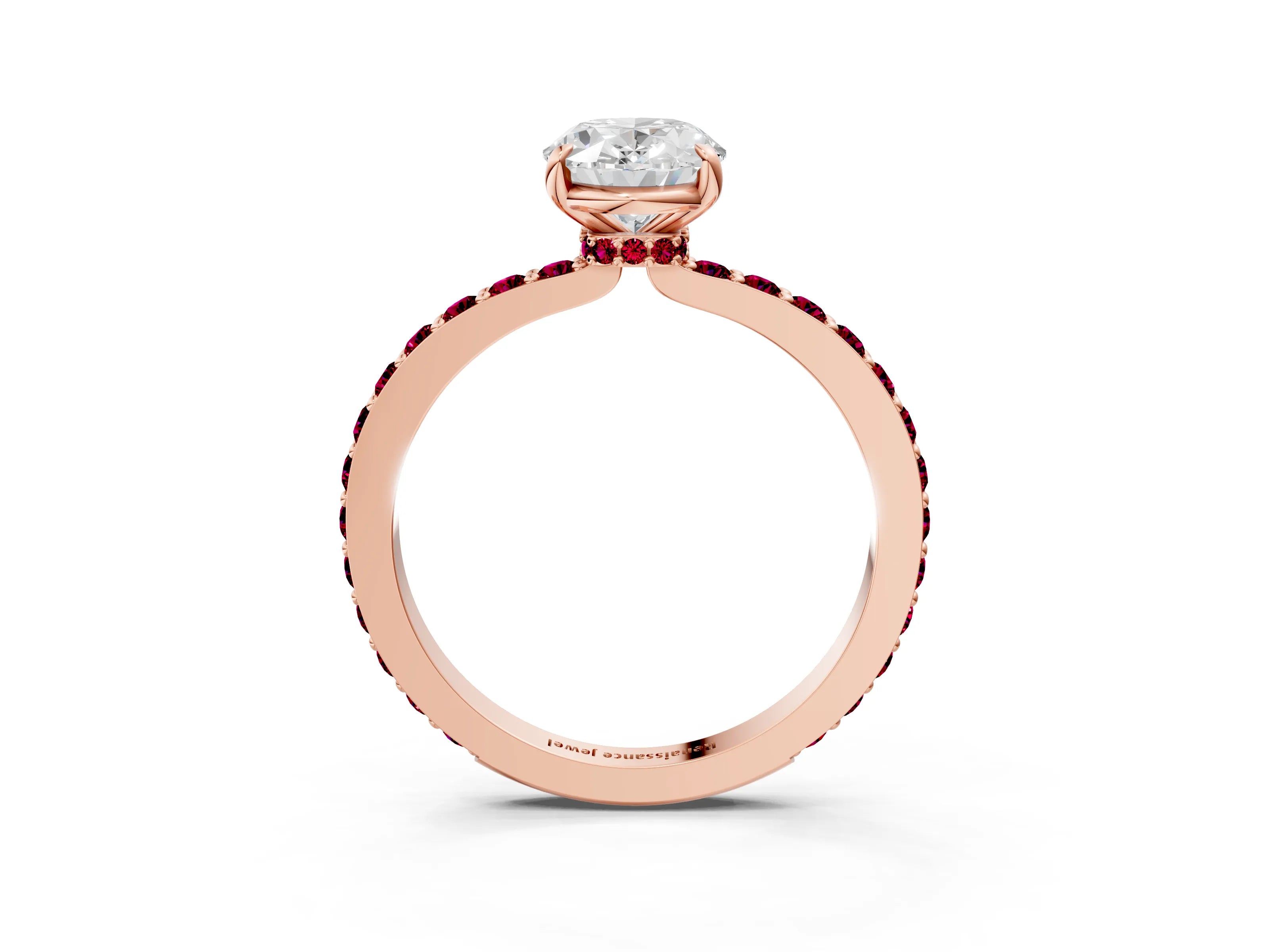 Rose gold Oval Cut Diamond Pavé Engagement Ring with Round with Garnet side stone Accents and Prong Setting_3