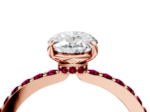 Rose gold Oval Cut Diamond Pavé Engagement Ring with Round with Garnet side stone Accents and Prong Setting_4