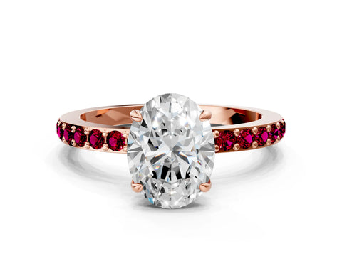 Rose gold Oval Cut Diamond Pavé Engagement Ring with Round with Garnet side stone Accents and Prong Setting