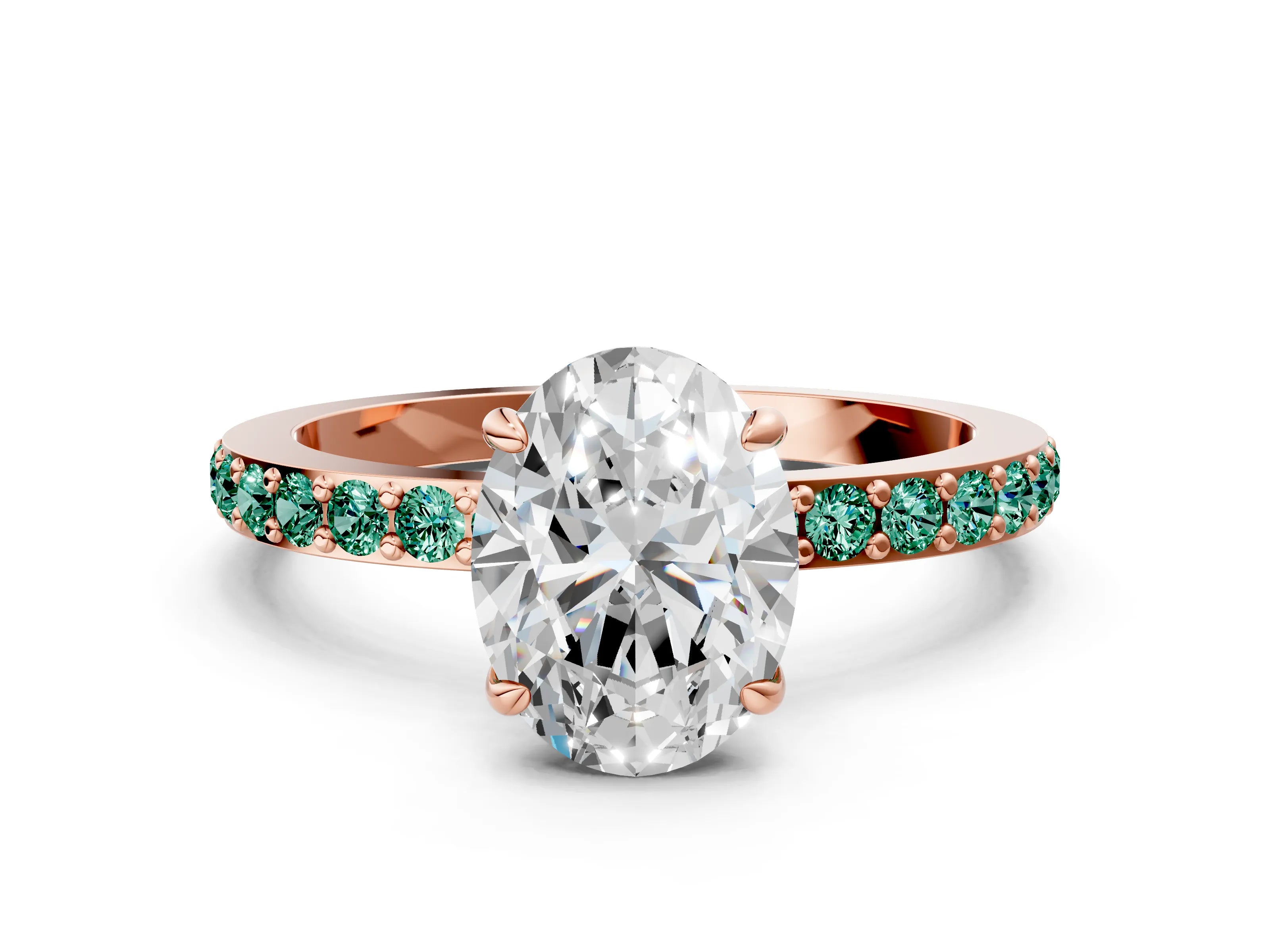 Rose gold Oval Cut Diamond Pavé Engagement Ring with Round with Green Sapphire side stone Accents and Prong Setting