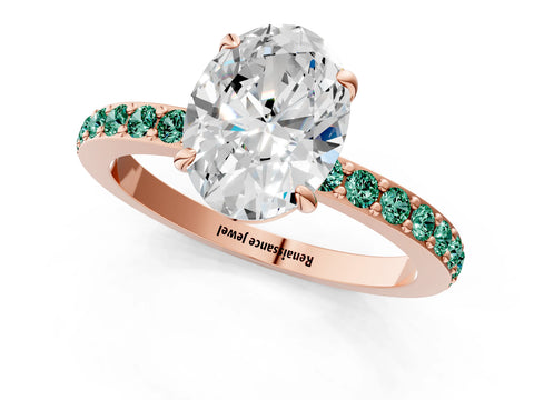 Rose gold Oval Cut Diamond Pavé Engagement Ring with Round with Green Sapphire side stone Accents and Prong Setting_1