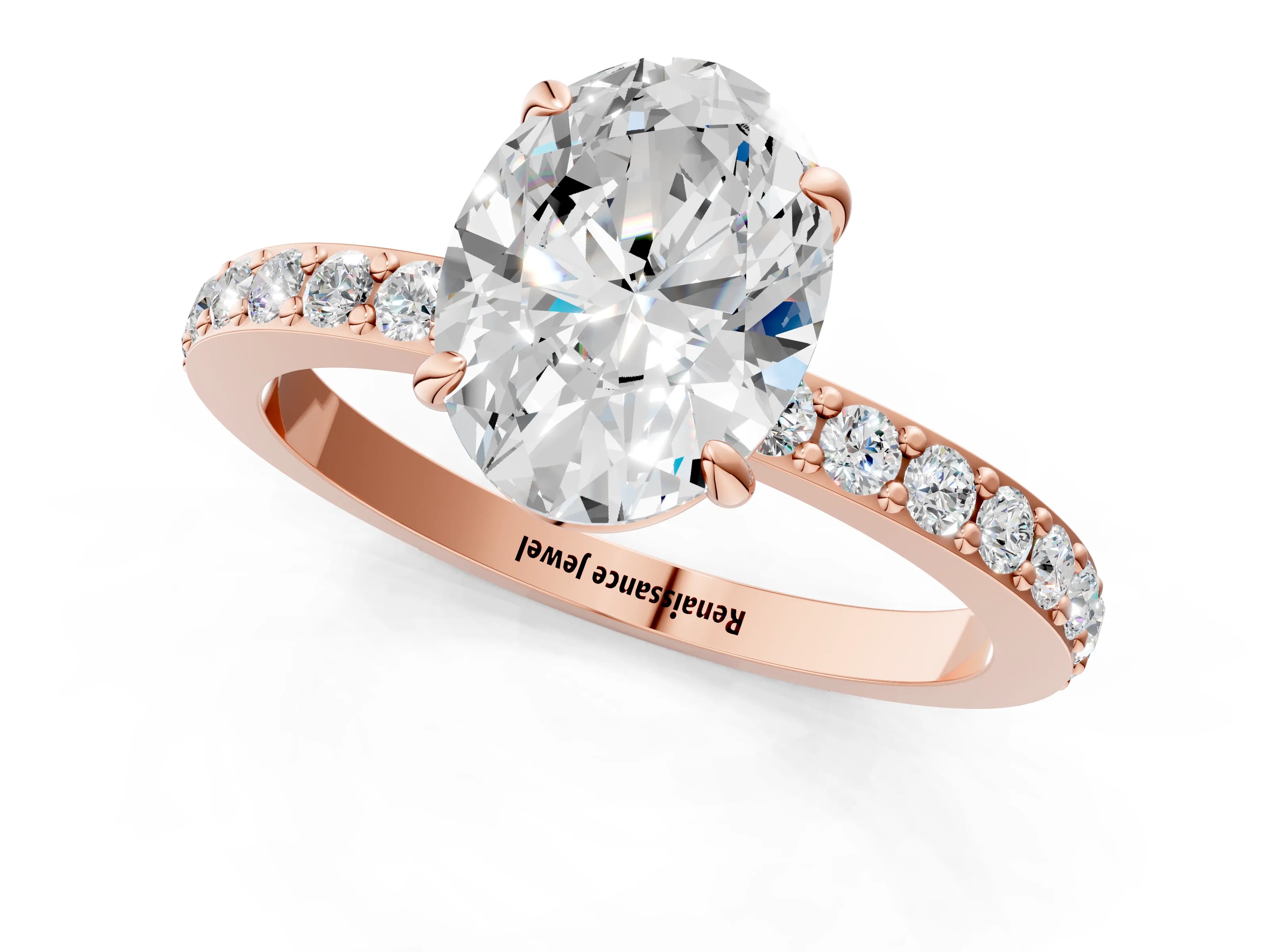 Rose gold Oval Cut Diamond Pavé Engagement Ring with Round with Moissanite side stone Accents and Prong Setting_1