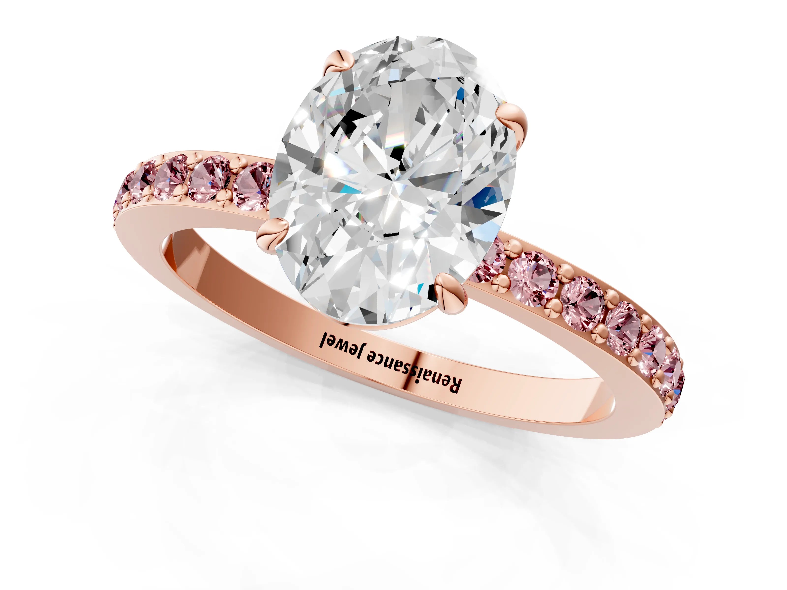 Rose gold Oval Cut Diamond Pavé Engagement Ring with Round with Morganite side stone Accents and Prong Setting_1