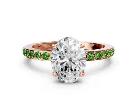 Rose gold Oval Cut Diamond Pavé Engagement Ring with Round with Peridot side stone Accents and Prong Setting