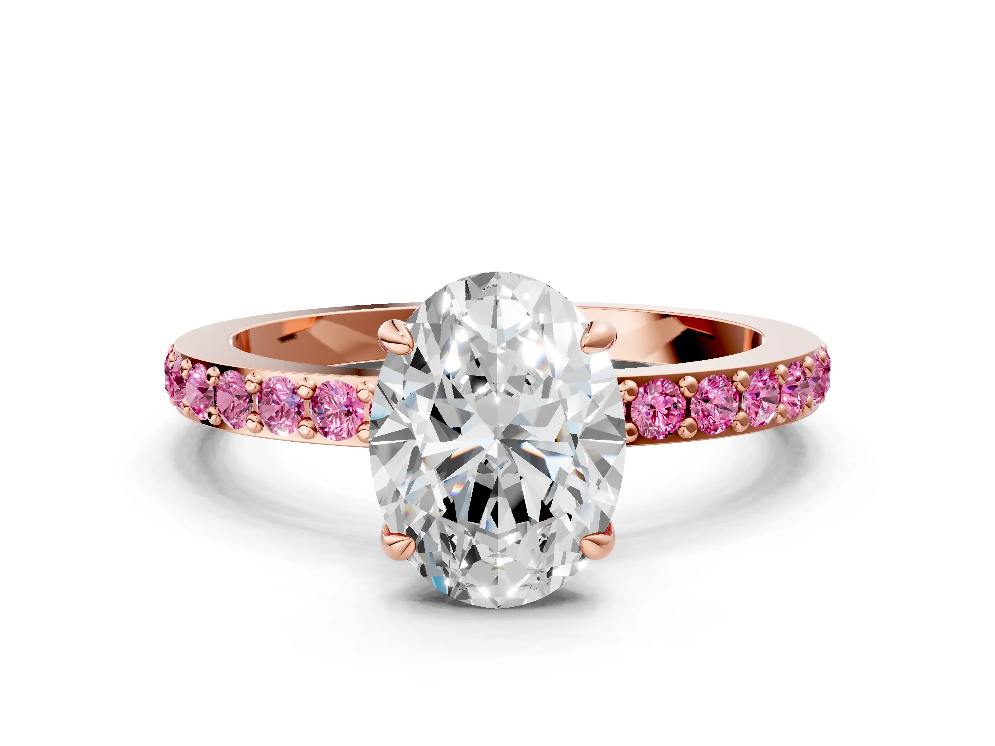 Rose gold Oval Cut Diamond Pavé Engagement Ring with Round with Pink Sapphire side stone Accents and Prong Setting