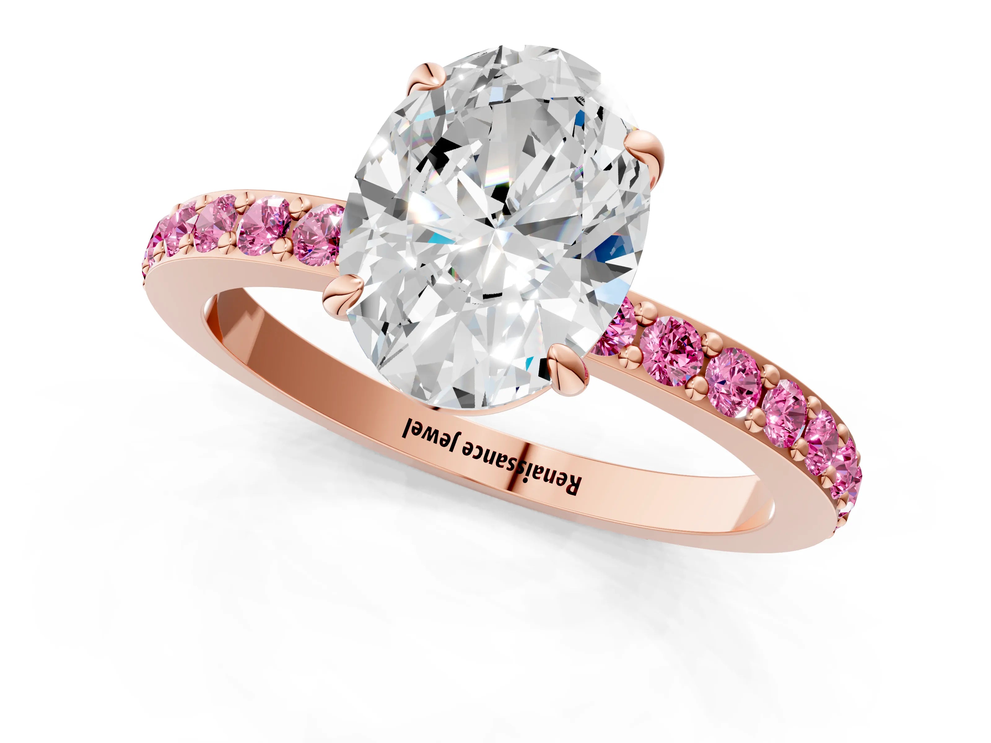 Rose gold Oval Cut Diamond Pavé Engagement Ring with Round with Pink Sapphire side stone Accents and Prong Setting_1