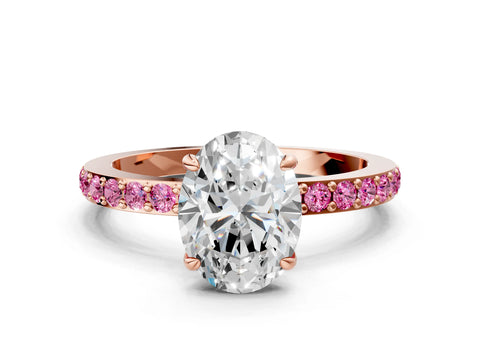 Rose gold Oval Cut Diamond Pavé Engagement Ring with Round with Pink Sapphire side stone Accents and Prong Setting