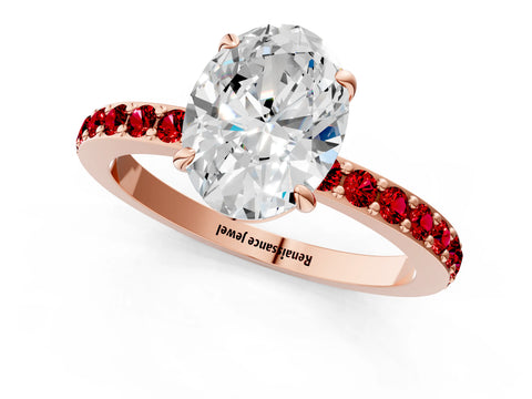 Rose gold Oval Cut Diamond Pavé Engagement Ring with Round with Ruby side stone Accents and Prong Setting_1