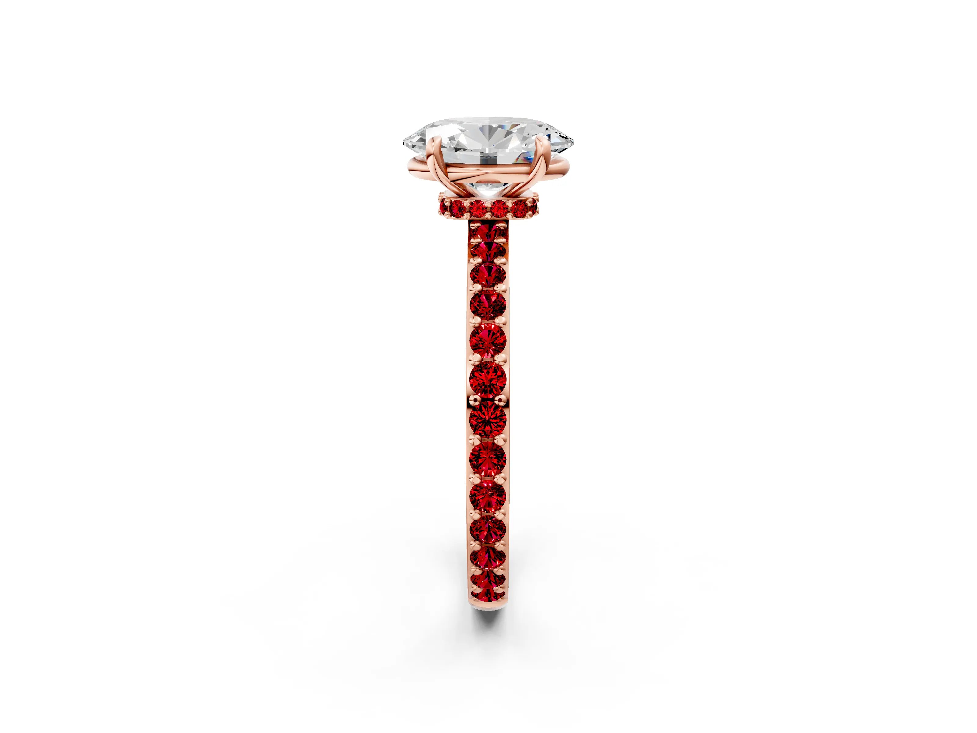 Rose gold Oval Cut Diamond Pavé Engagement Ring with Round with Ruby side stone Accents and Prong Setting_2