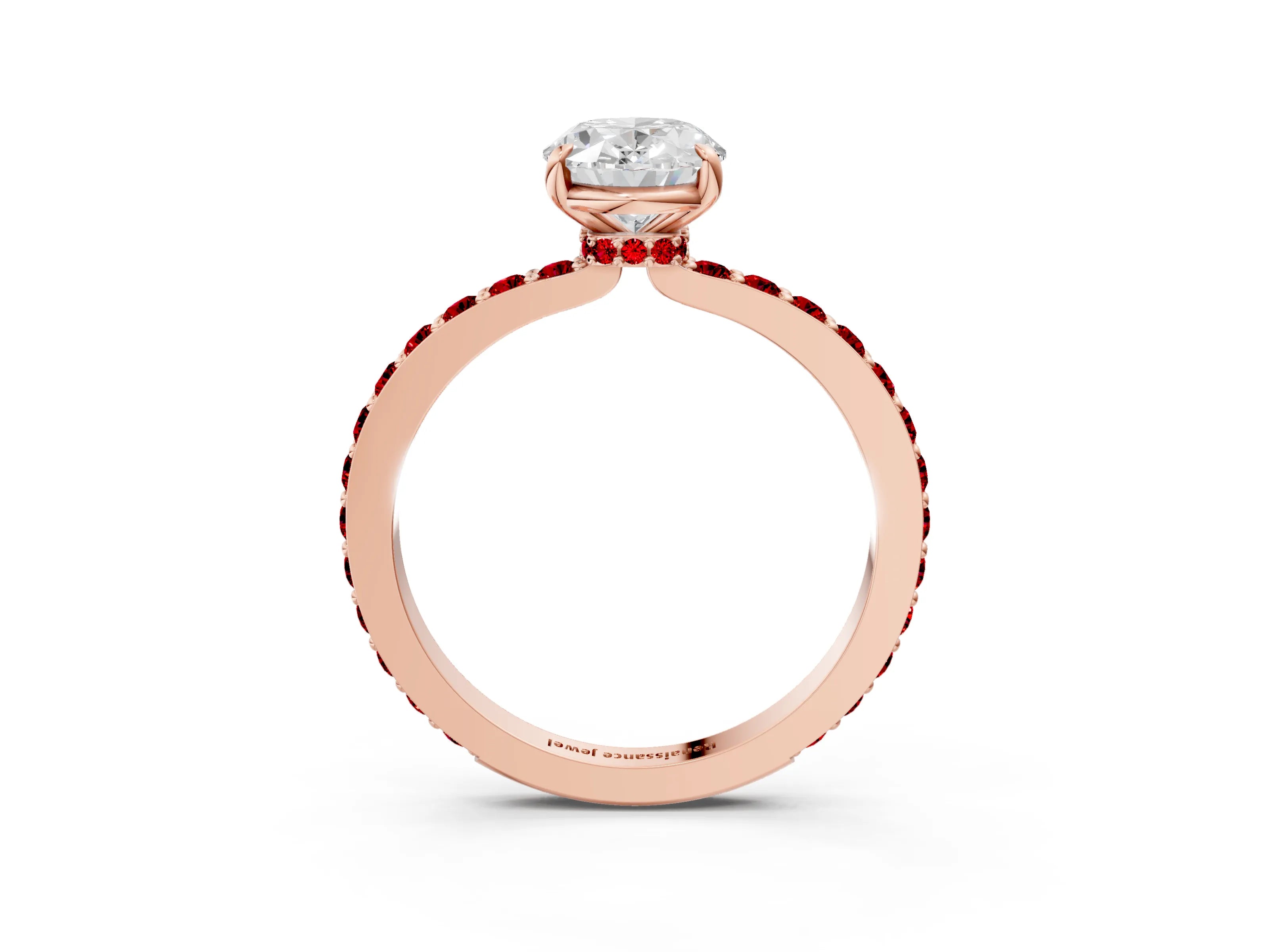 Rose gold Oval Cut Diamond Pavé Engagement Ring with Round with Ruby side stone Accents and Prong Setting_3