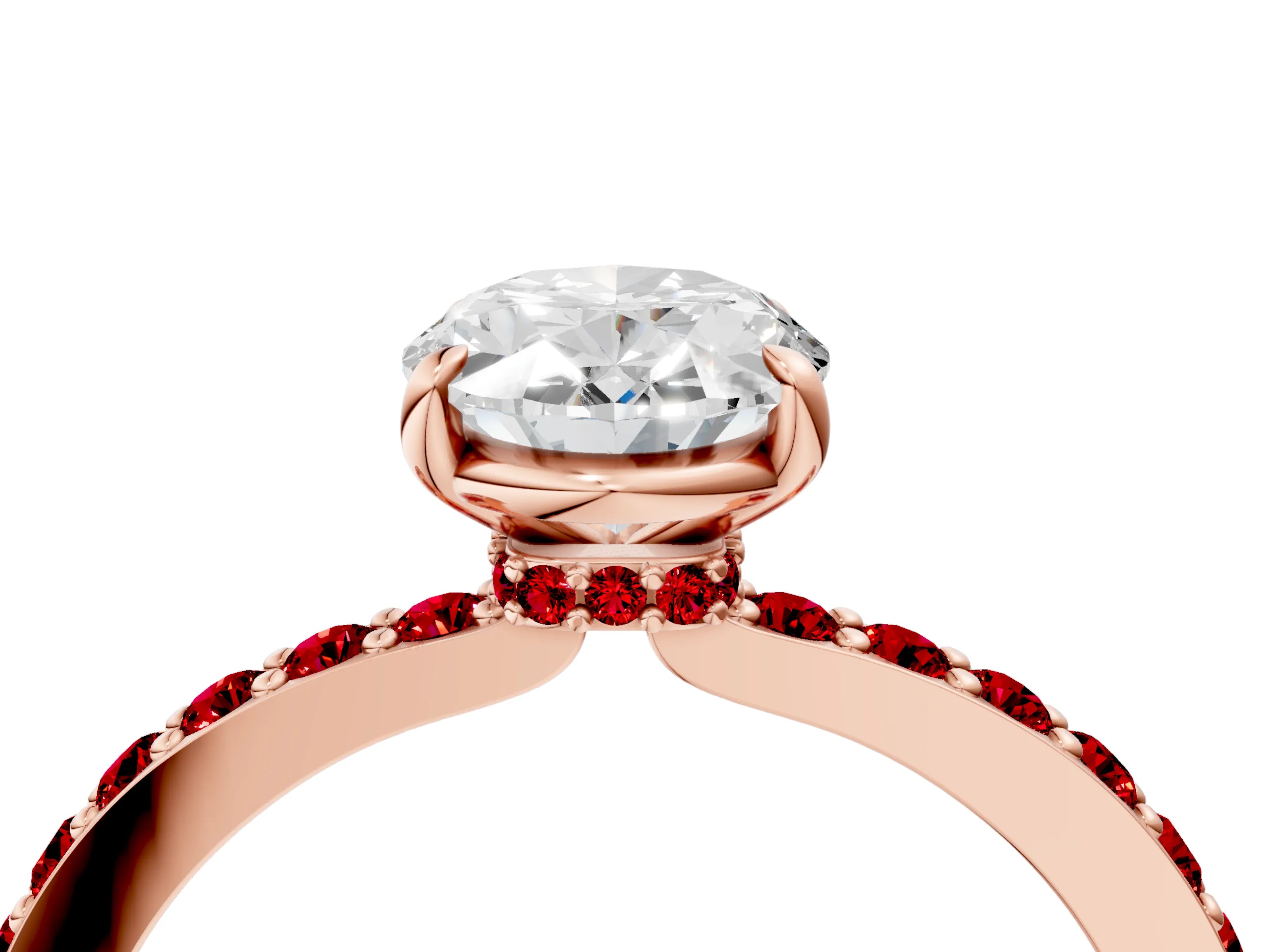 Rose gold Oval Cut Diamond Pavé Engagement Ring with Round with Ruby side stone Accents and Prong Setting_4
