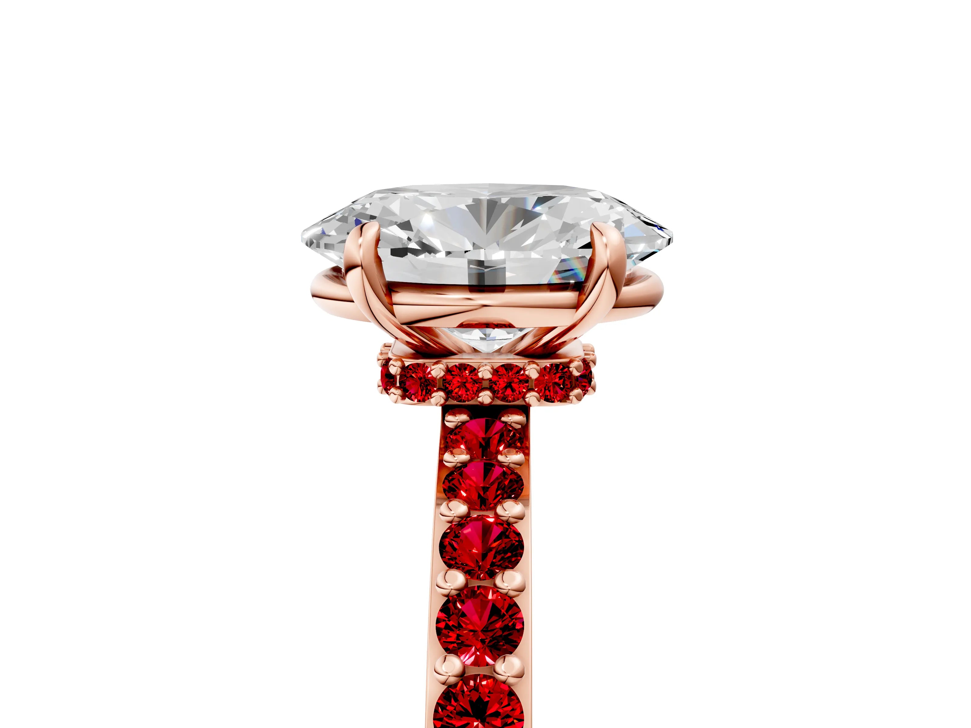 Rose gold Oval Cut Diamond Pavé Engagement Ring with Round with Ruby side stone Accents and Prong Setting_5