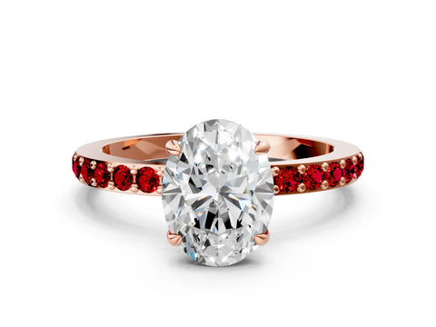 Rose gold Oval Cut Diamond Pavé Engagement Ring with Round with Ruby side stone Accents and Prong Setting