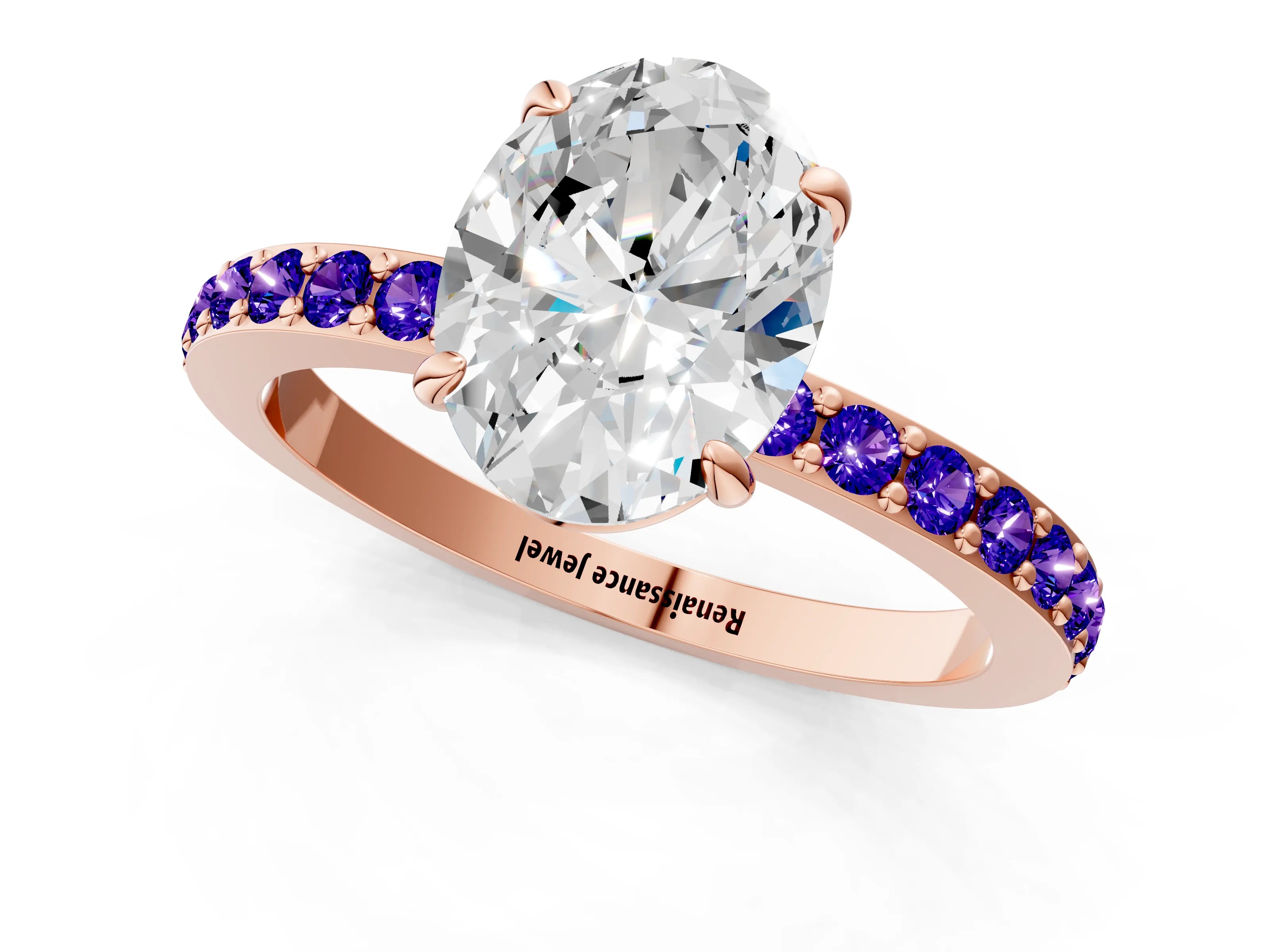 Rose gold Oval Cut Diamond Pavé Engagement Ring with Round with Tanzanite side stone Accents and Prong Setting_1
