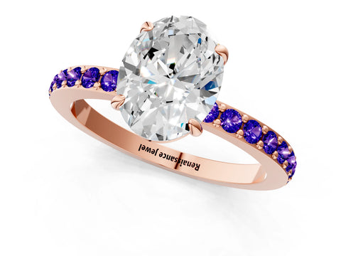 Rose gold Oval Cut Diamond Pavé Engagement Ring with Round with Tanzanite side stone Accents and Prong Setting_1