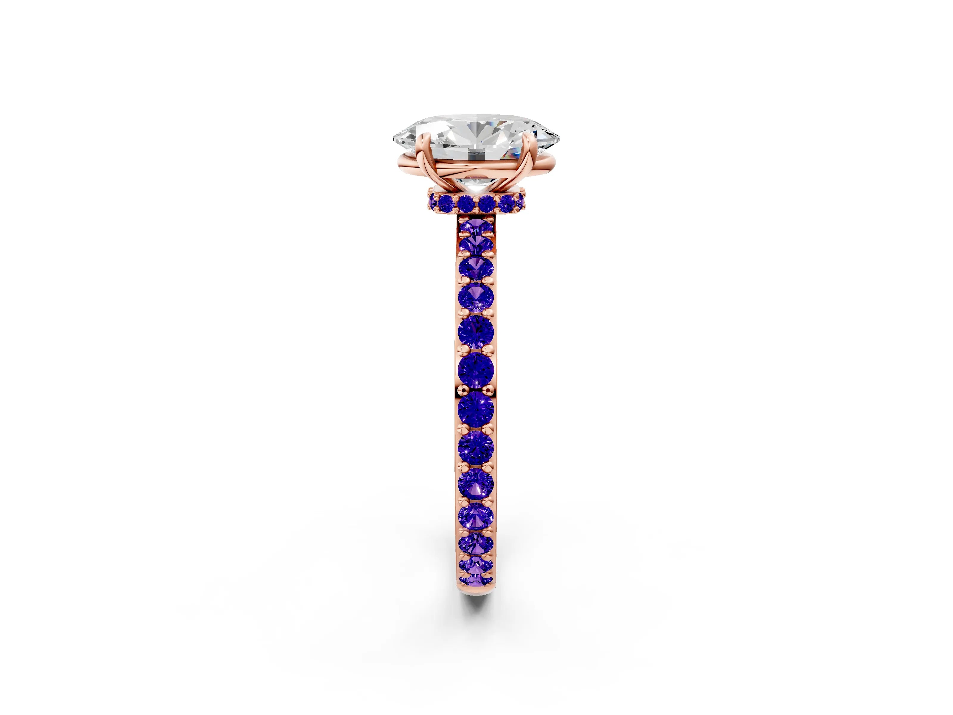 Rose gold Oval Cut Diamond Pavé Engagement Ring with Round with Tanzanite side stone Accents and Prong Setting_2