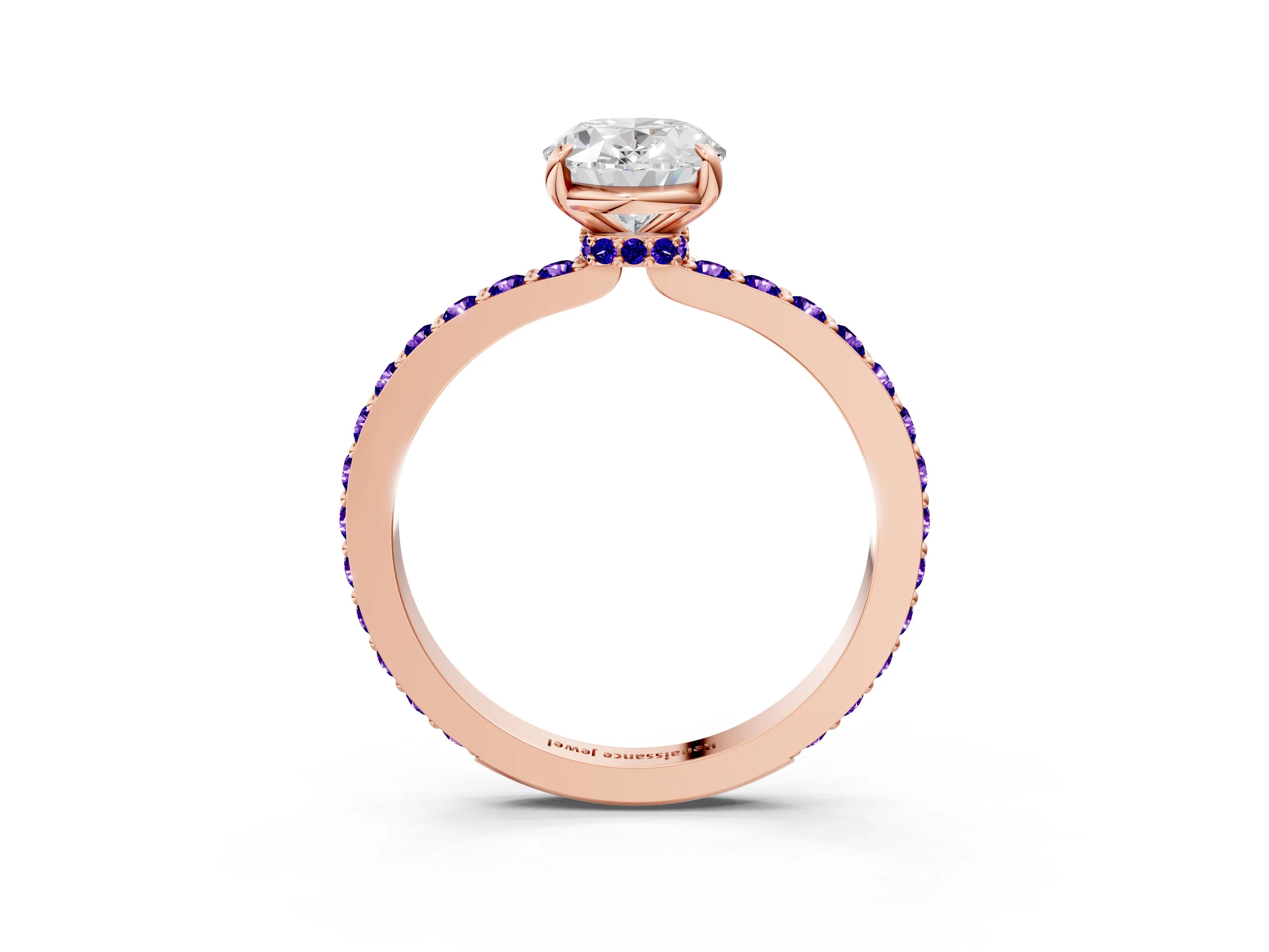 Rose gold Oval Cut Diamond Pavé Engagement Ring with Round with Tanzanite side stone Accents and Prong Setting_3