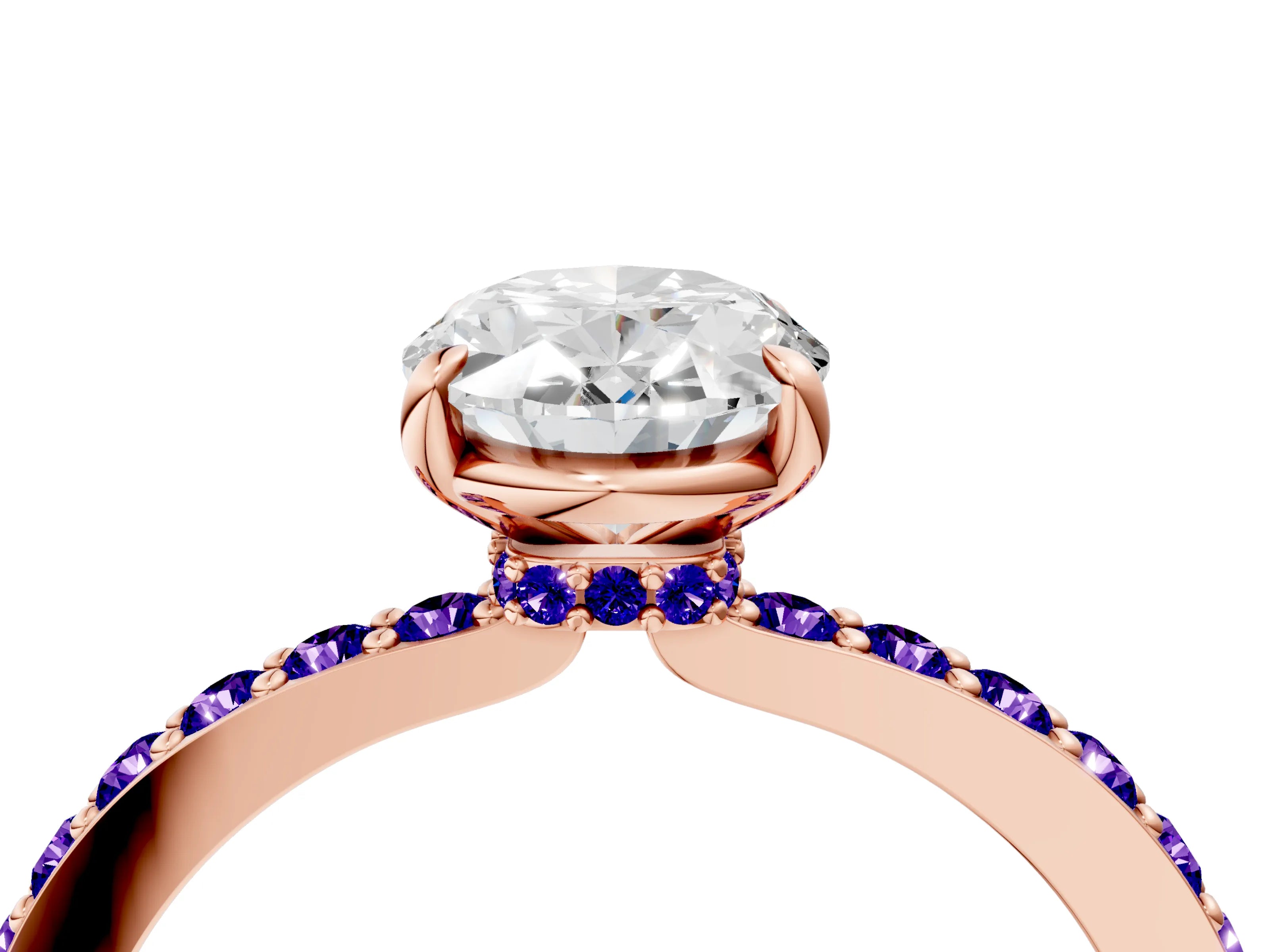 Rose gold Oval Cut Diamond Pavé Engagement Ring with Round with Tanzanite side stone Accents and Prong Setting_4