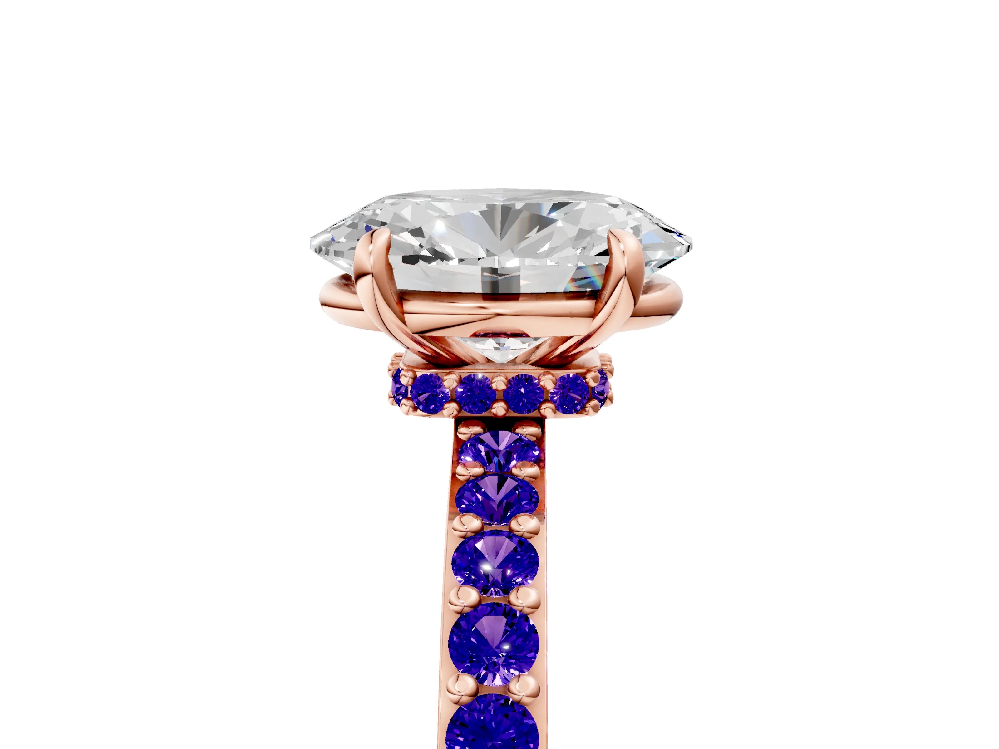 Rose gold Oval Cut Diamond Pavé Engagement Ring with Round with Tanzanite side stone Accents and Prong Setting_5