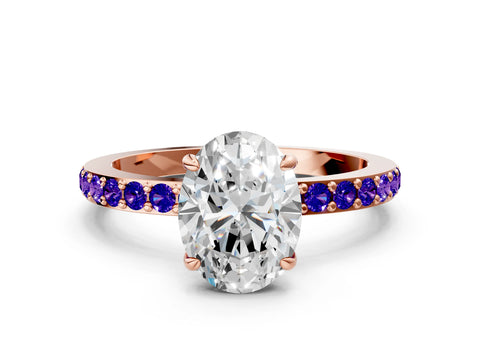 Rose gold Oval Cut Diamond Pavé Engagement Ring with Round with Tanzanite side stone Accents and Prong Setting