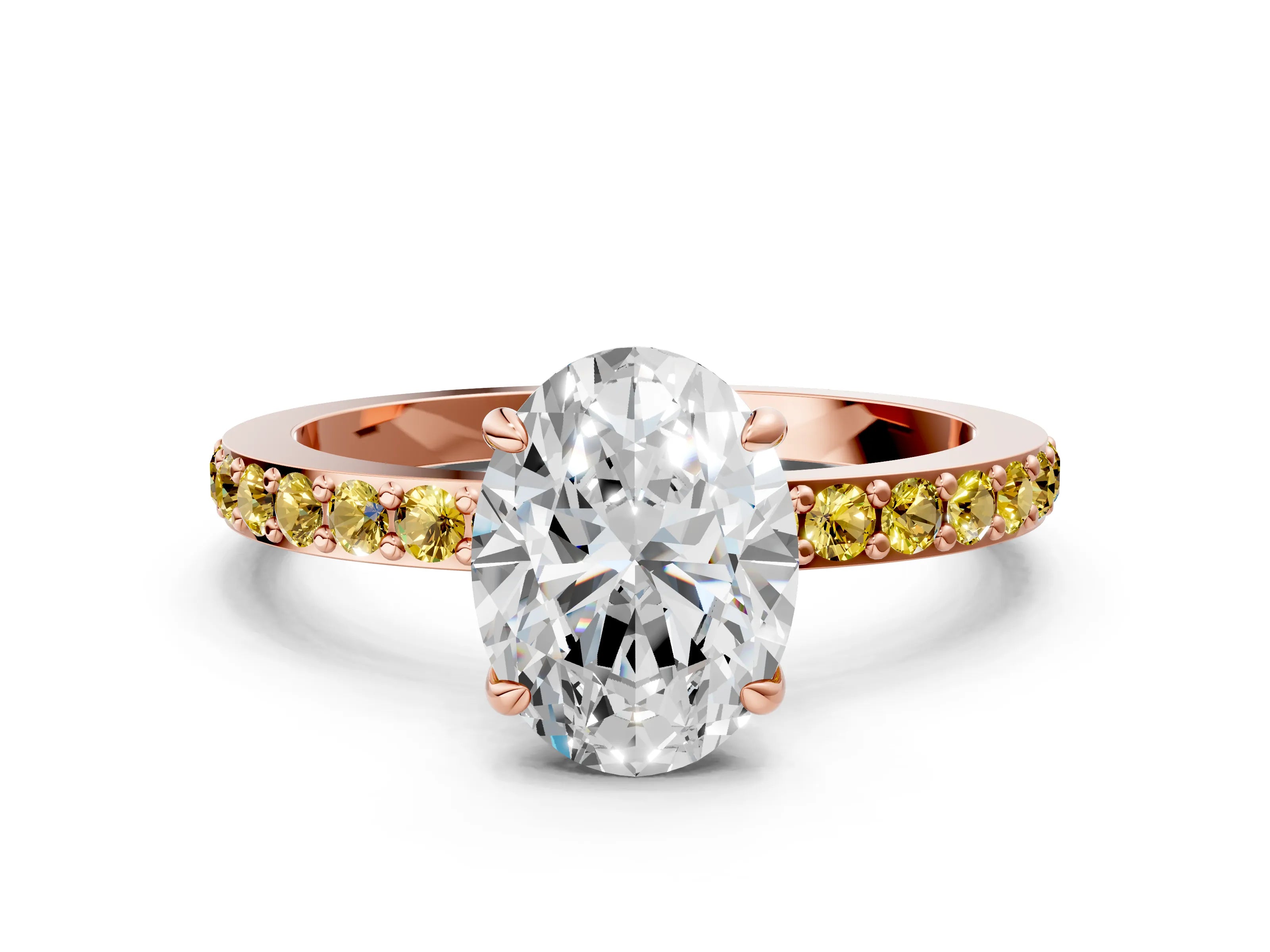 Rose gold Oval Cut Diamond Pavé Engagement Ring with Round with Yellow Sapphire side stone Accents and Prong Setting