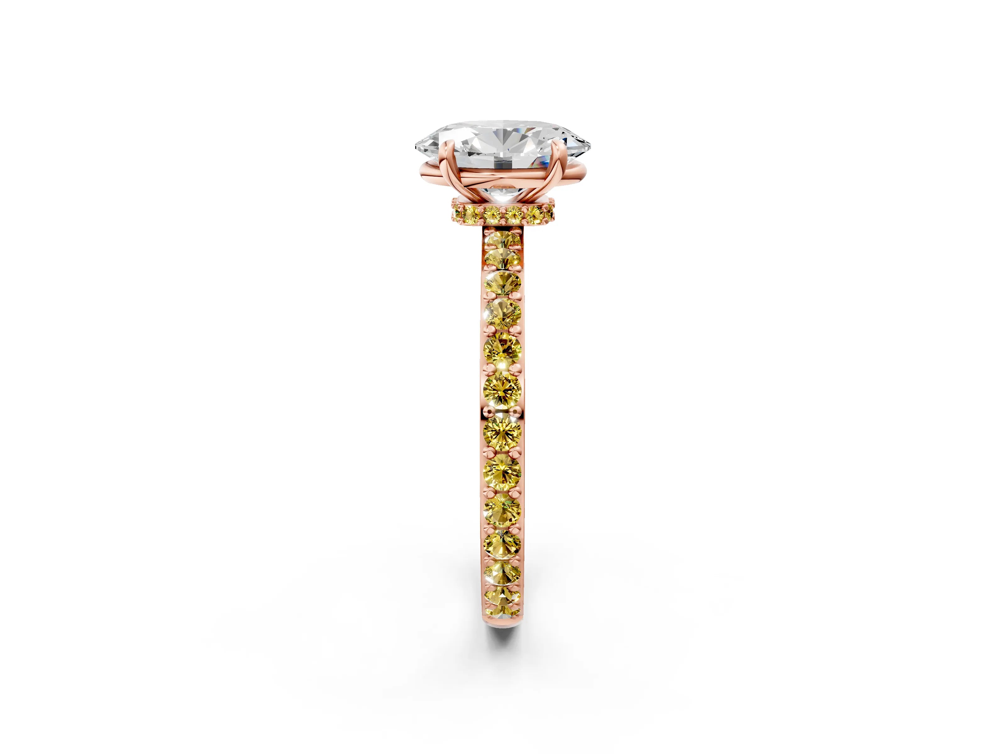 Rose gold Oval Cut Diamond Pavé Engagement Ring with Round with Yellow Sapphire side stone Accents and Prong Setting_2
