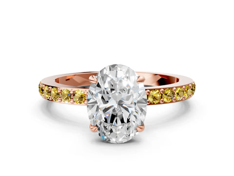 Rose gold Oval Cut Diamond Pavé Engagement Ring with Round with Yellow Sapphire side stone Accents and Prong Setting