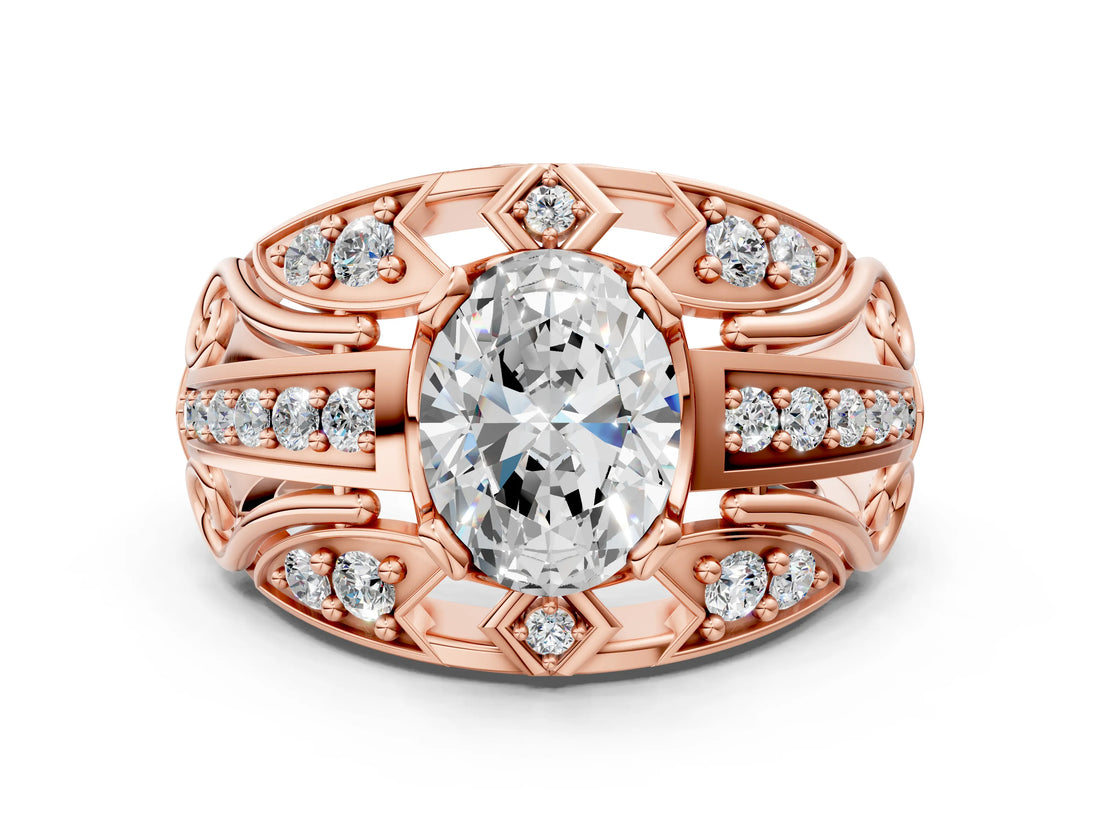 Rose gold Oval Cut Diamond Pave Art Deco Split Shank Ring with Four-Prong Setting_13