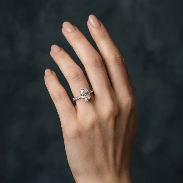 Rose gold Oval Cut Diamond Pave Band Solitaire Ring with Round  and Prong Setting