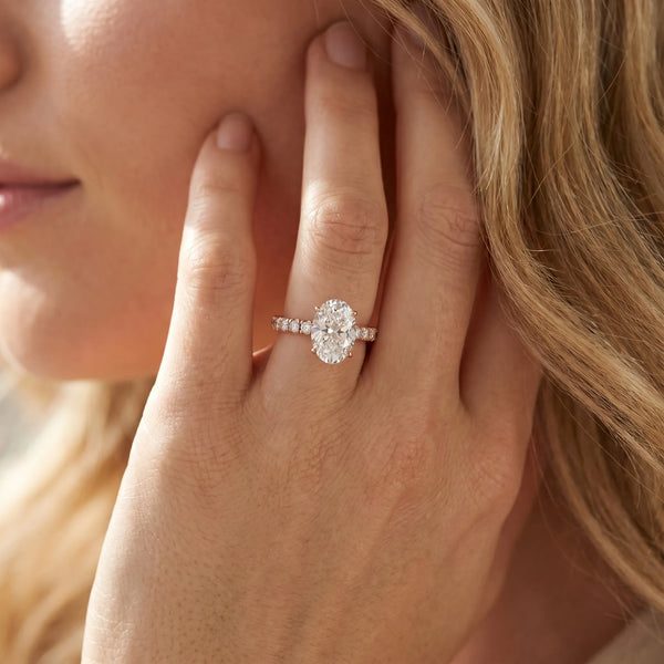 Rose gold Oval Cut Diamond Pave Band Solitaire Ring with Round  and Prong Setting