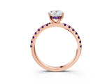 Rose gold Oval Cut Diamond Pave Band Solitaire Ring with Round with Amethyst side stone and Prong Setting_3