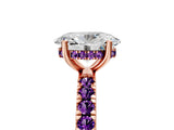 Rose gold Oval Cut Diamond Pave Band Solitaire Ring with Round with Amethyst side stone and Prong Setting_5