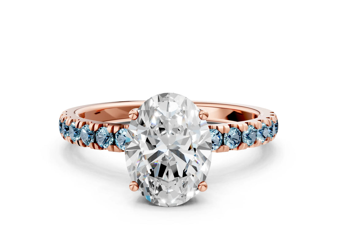 Rose gold Oval Cut Diamond Pave Band Solitaire Ring with Round with Aquamarine side stone and Prong Setting_12