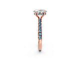 Rose gold Oval Cut Diamond Pave Band Solitaire Ring with Round with Aquamarine side stone and Prong Setting_14