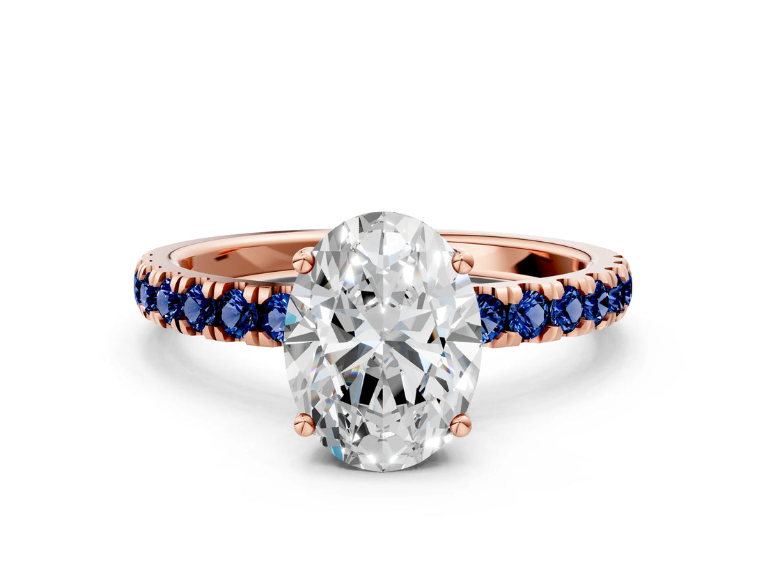 Rose gold Oval Cut Diamond Pave Band Solitaire Ring with Round with Blue Sapphire side stone and Prong Setting_12