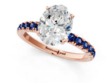 Rose gold Oval Cut Diamond Pave Band Solitaire Ring with Round with Blue Sapphire side stone and Prong Setting_13