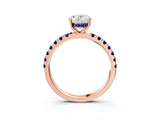 Rose gold Oval Cut Diamond Pave Band Solitaire Ring with Round with Blue Sapphire side stone and Prong Setting_15
